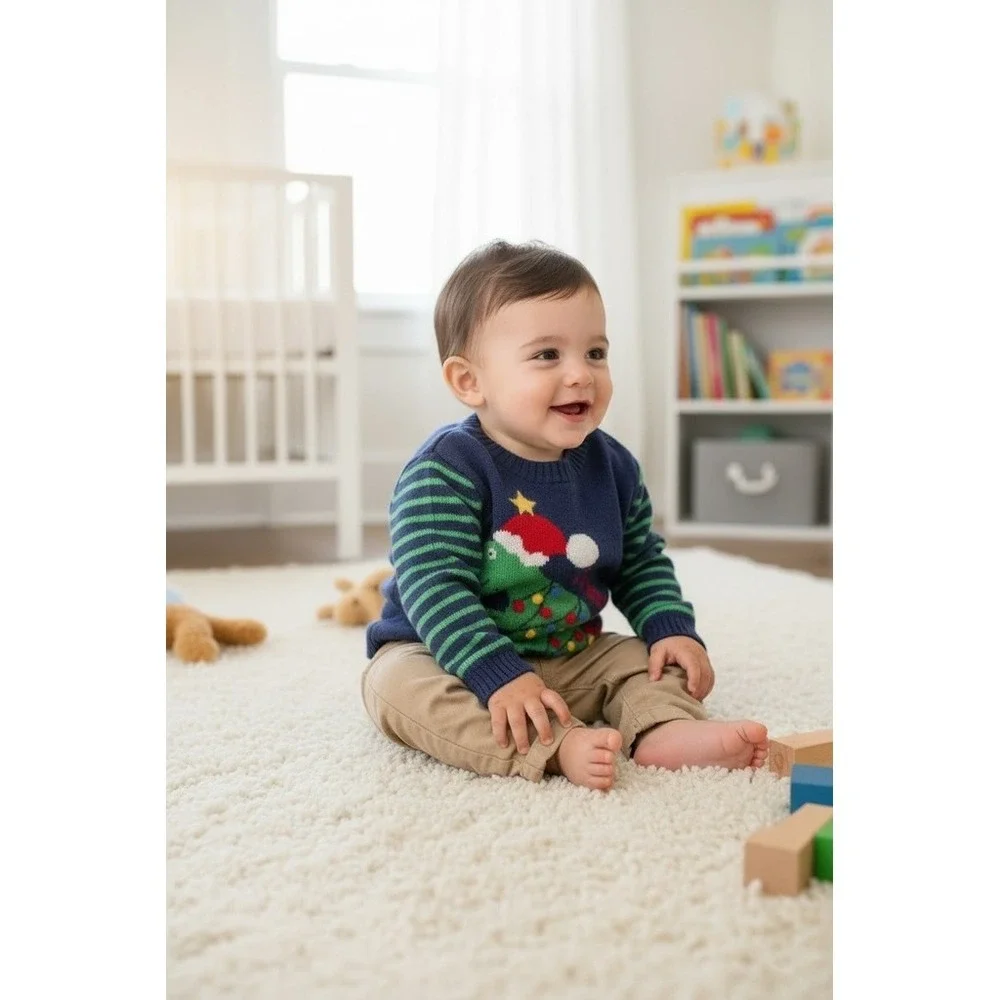 JoJo Maman Bébé Boys Sweater 2T Navy Christmas Dinosaur Trexmas Pullover T-Rex
